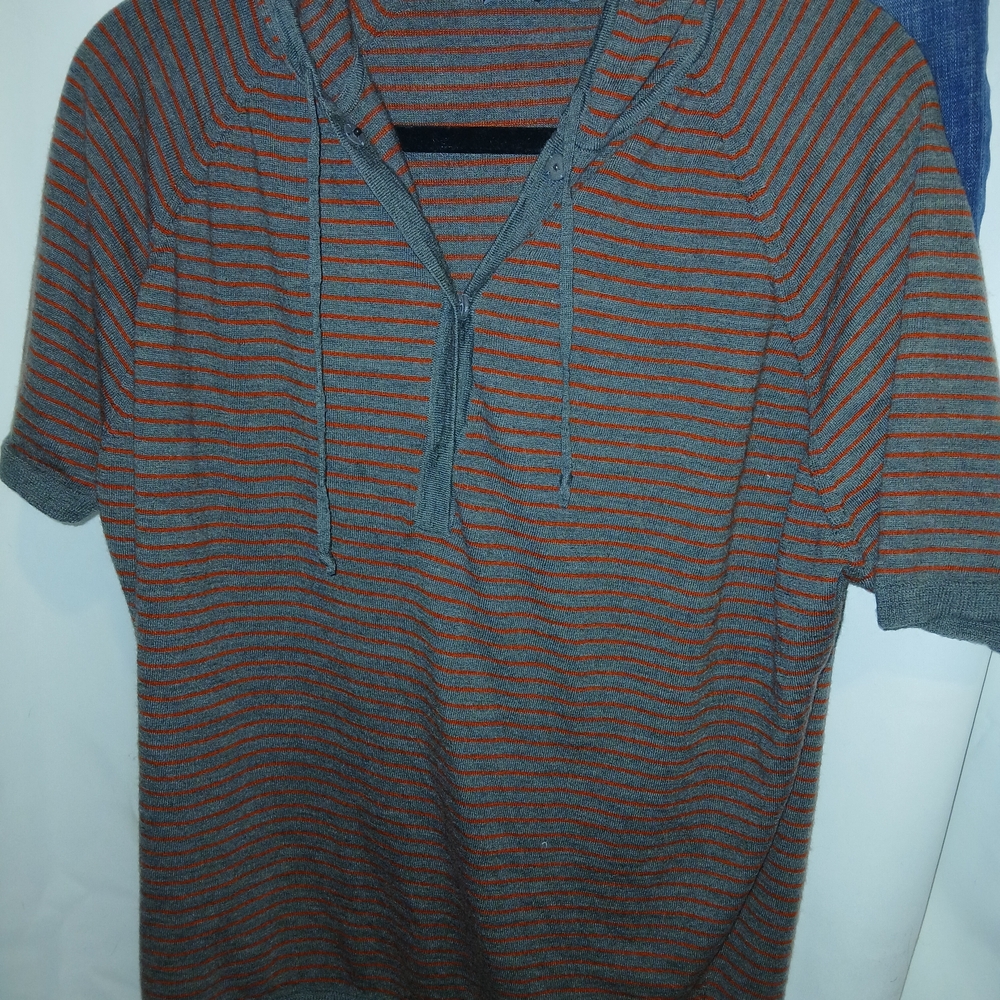 Eileen Fisher Gray and Red Striped Short Sleeve Merino Knit Hooded Shirt XS